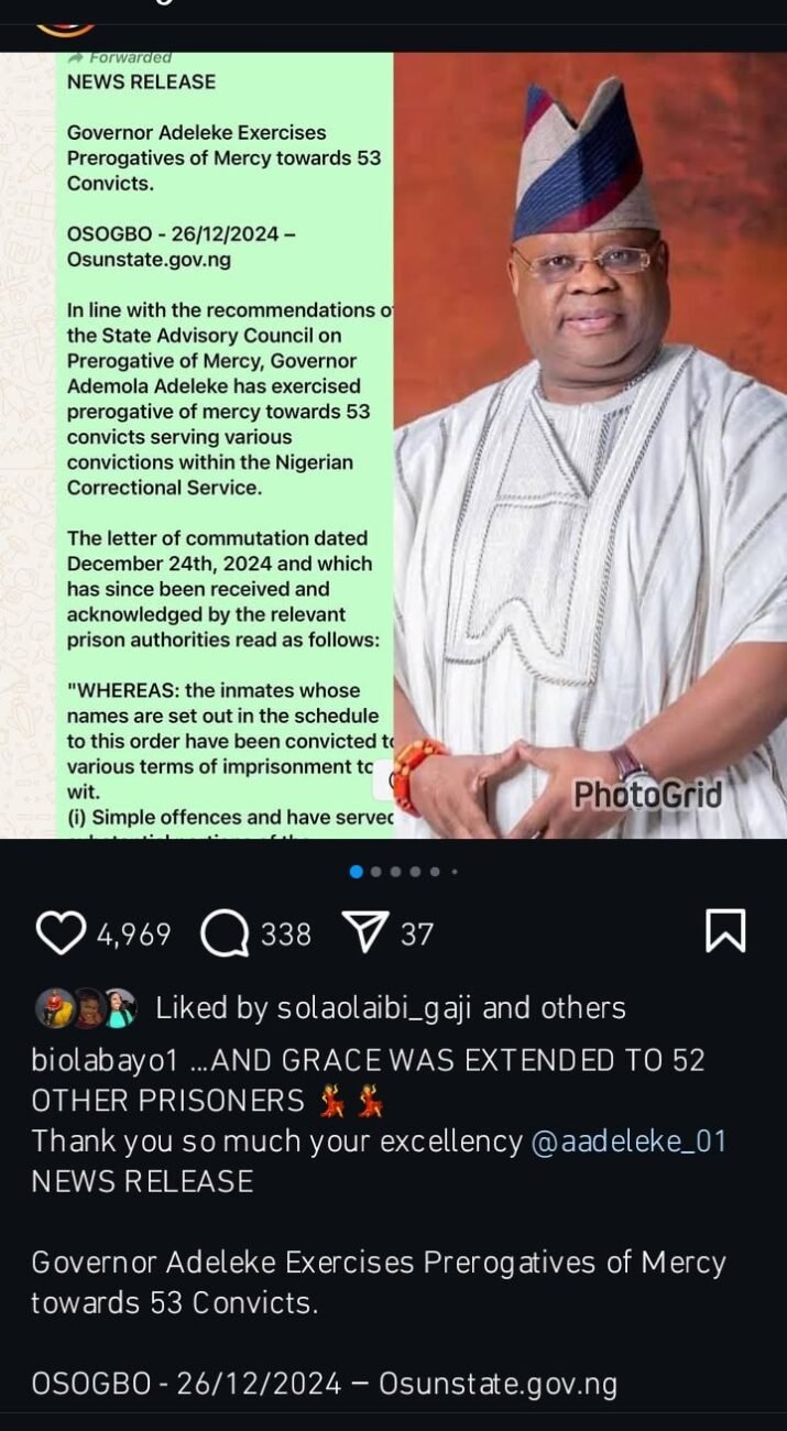 Biola Bayo Thanks Governor Adeleke for Pardoning 53 Convicts in Heartfelt Message: A Christmas Gesture of Mercy