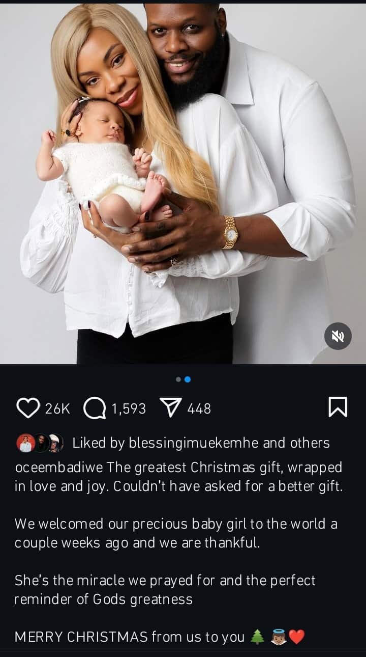 The Greatest Christmas Gift Ever” – BBNaija Ocee Mbadiwe and Fiancée Welcome Baby Girl