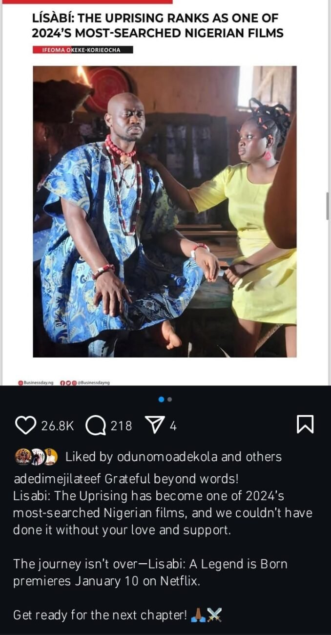 Lateef Adedimeji, Lisabi The Uprising, Nollywood, Netflix 2024, Nigerian films, Mo Bimpe, Lisabi sequel, film industry, Nigerian actors, Al Notions Studios, Nigerian movies, Nollywood news, movie premiere, upcoming movies, entertainment news, film success, Nollywood films, 2024 movies, Nigerian cinema, Nollywood stars, top search movies.

