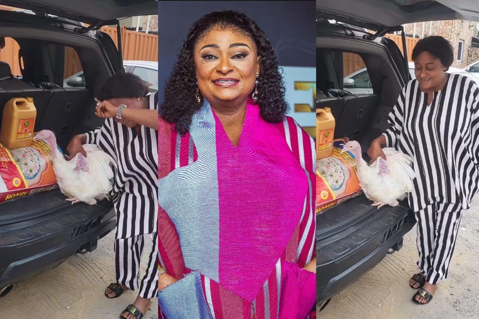 Ronke Oshodi Oke Overjoyed as She Receives Christmas Gifts of Rice, Turkey, and Oil