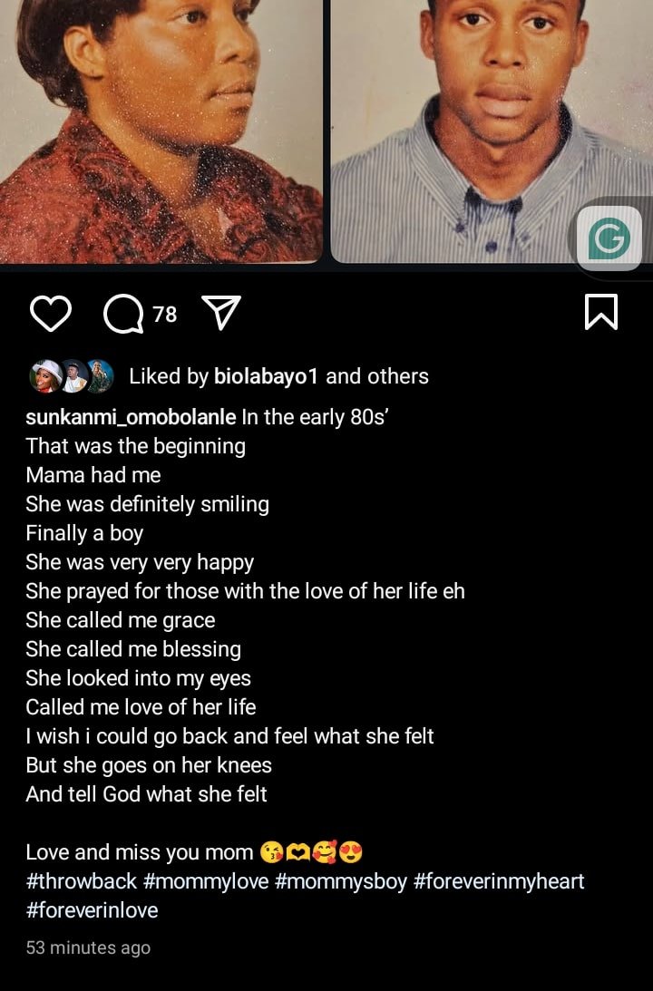 Actor Sunkanmi Omobolanle Pays Tribute to Late Mother with Heartfelt Photos