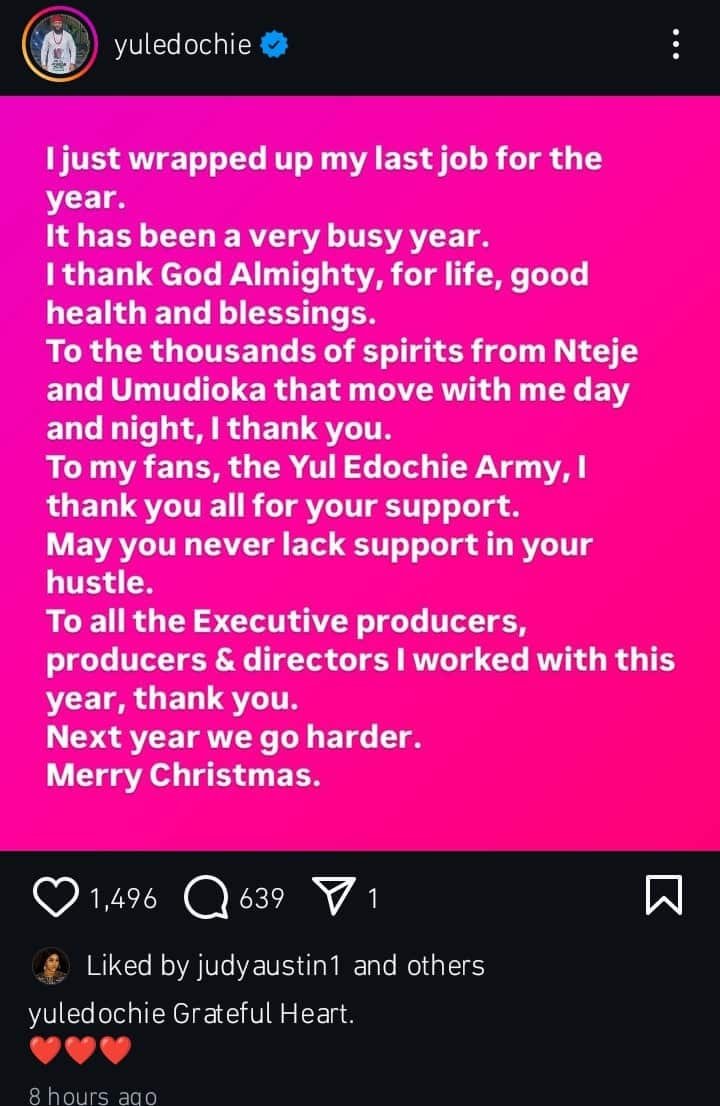 Yul Edochie Expresses Gratitude to Spirits, Fans, and Filmmakers as He Wraps Up 2024