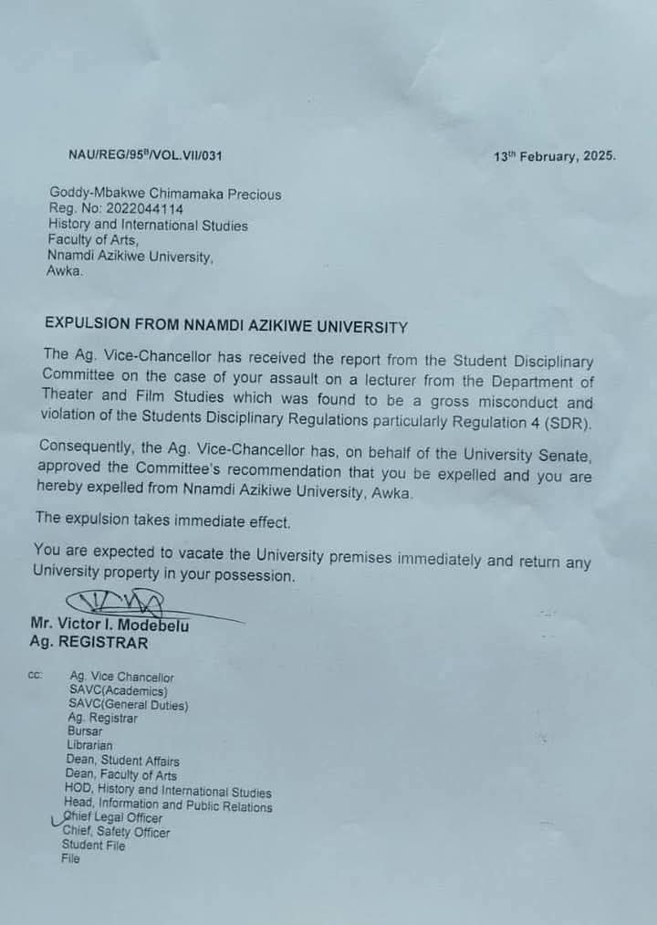 Unizik Expels Female Student Who Attacked Lecturer for Interrupting Her TikTok Video