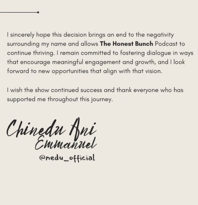 Nedu Steps Down from ‘The Honest Bunch Podcast’ but the Controversy Lingers
