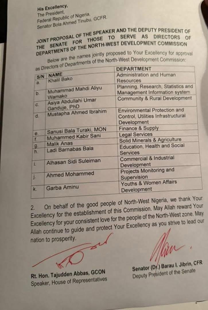National Assembly Appoints Ganduje’s Daughter, Wamakko’s Son, Others as Directors of Newly Formed North-West Development Commission
