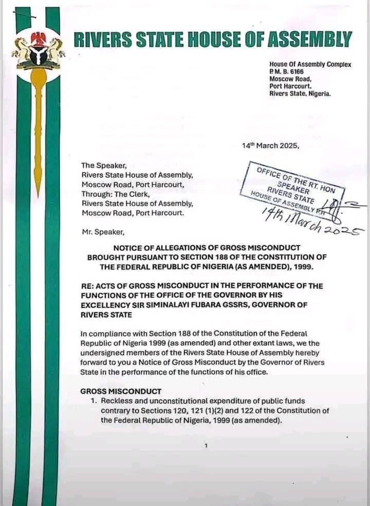 Rivers Assembly Moves to Impeach Governor Fubara and Deputy, Political Tensions Escalate